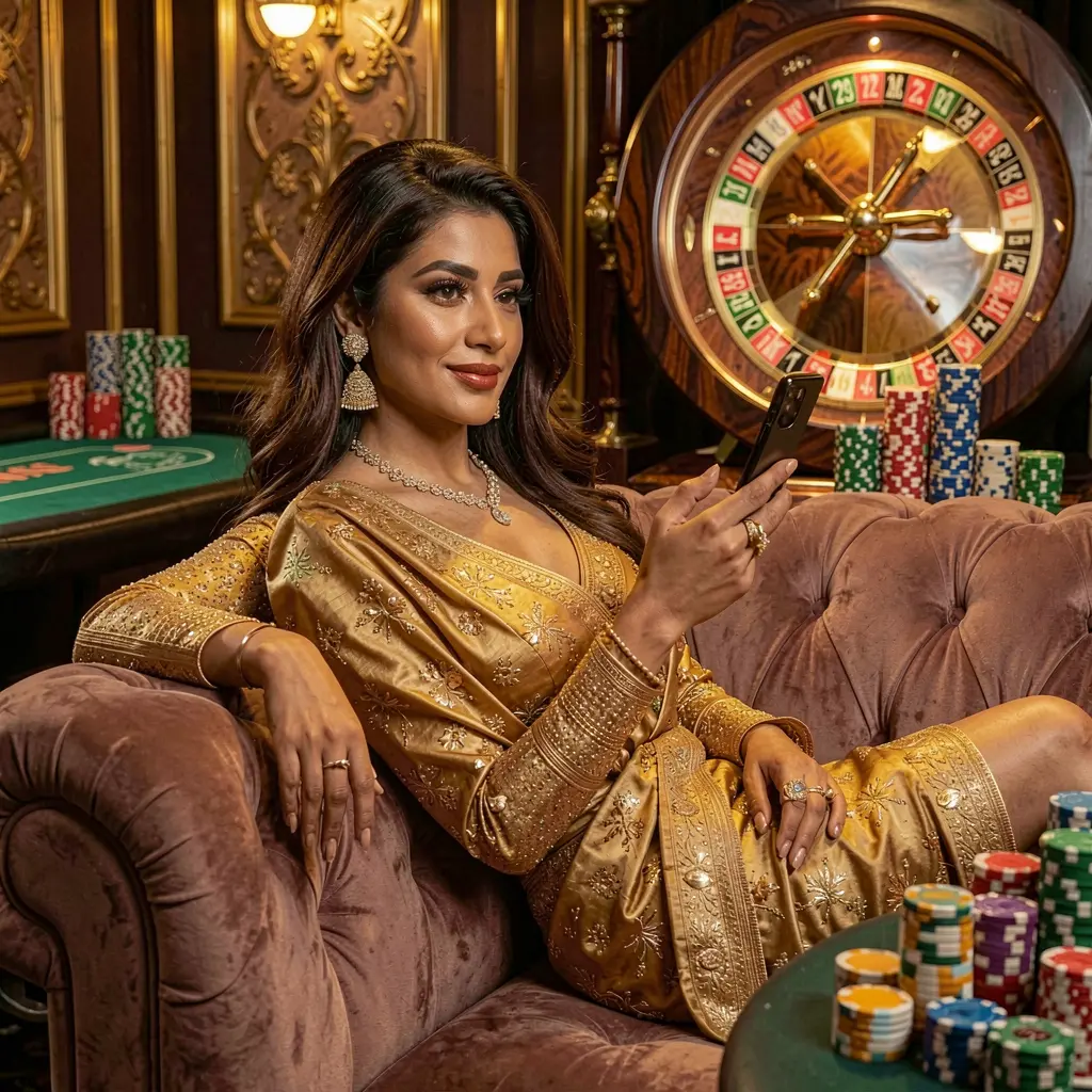 Elegant Bangladeshi woman using the BK666 casino app on her phone in a luxury gaming atmosphere with a glowing roulette wheel and chips behind her