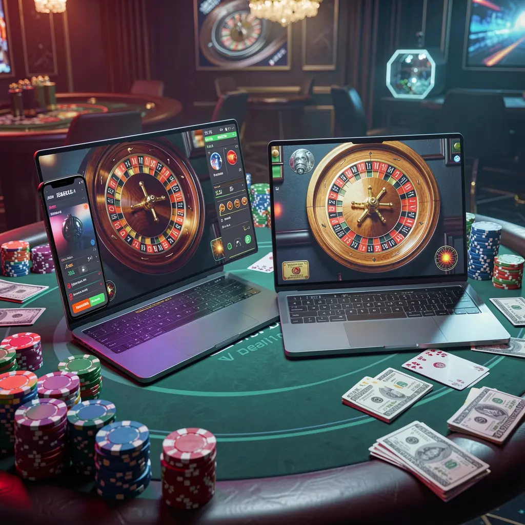 Glowing roulette wheel on a laptop and smartphone surrounded by casino chips representing the modern online gaming atmosphere of BK666 for players in Bangladesh