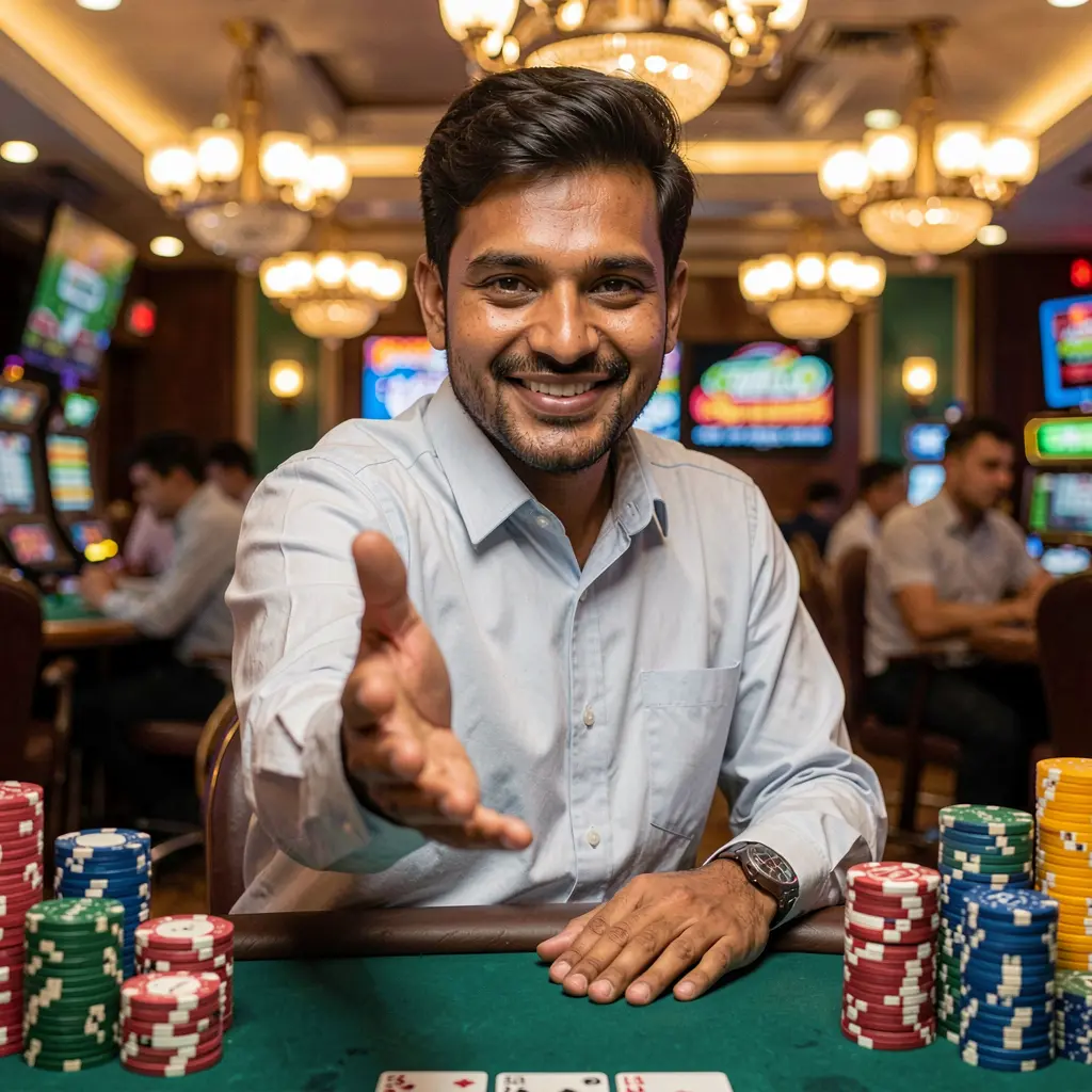 Welcoming casino dealer with an extended hand surrounded by glowing chips inviting players to enter the BK666 platform in Bangladesh