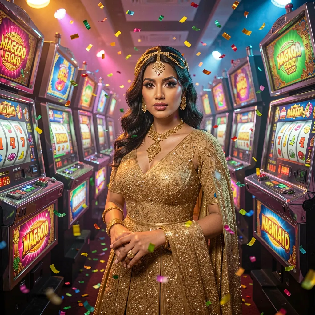 A glamorous woman in a luxurious golden dress standing among glowing slot machines inside the vibrant casino world of BK666 in Bangladesh
